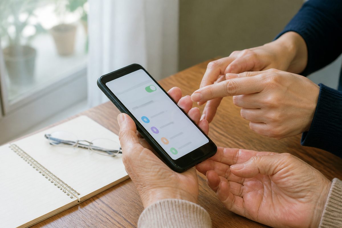 スマホの使い方を一緒に確認する様子