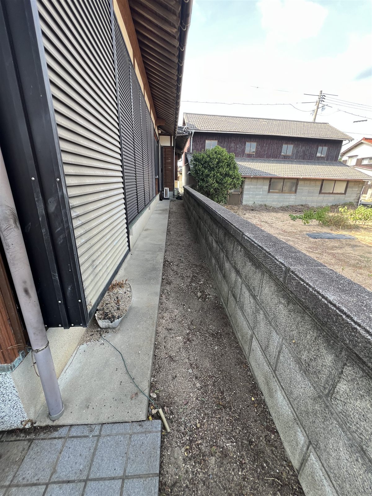 草抜き後：犬走り沿いの草が取り除かれ、見通しの良くなった状態
