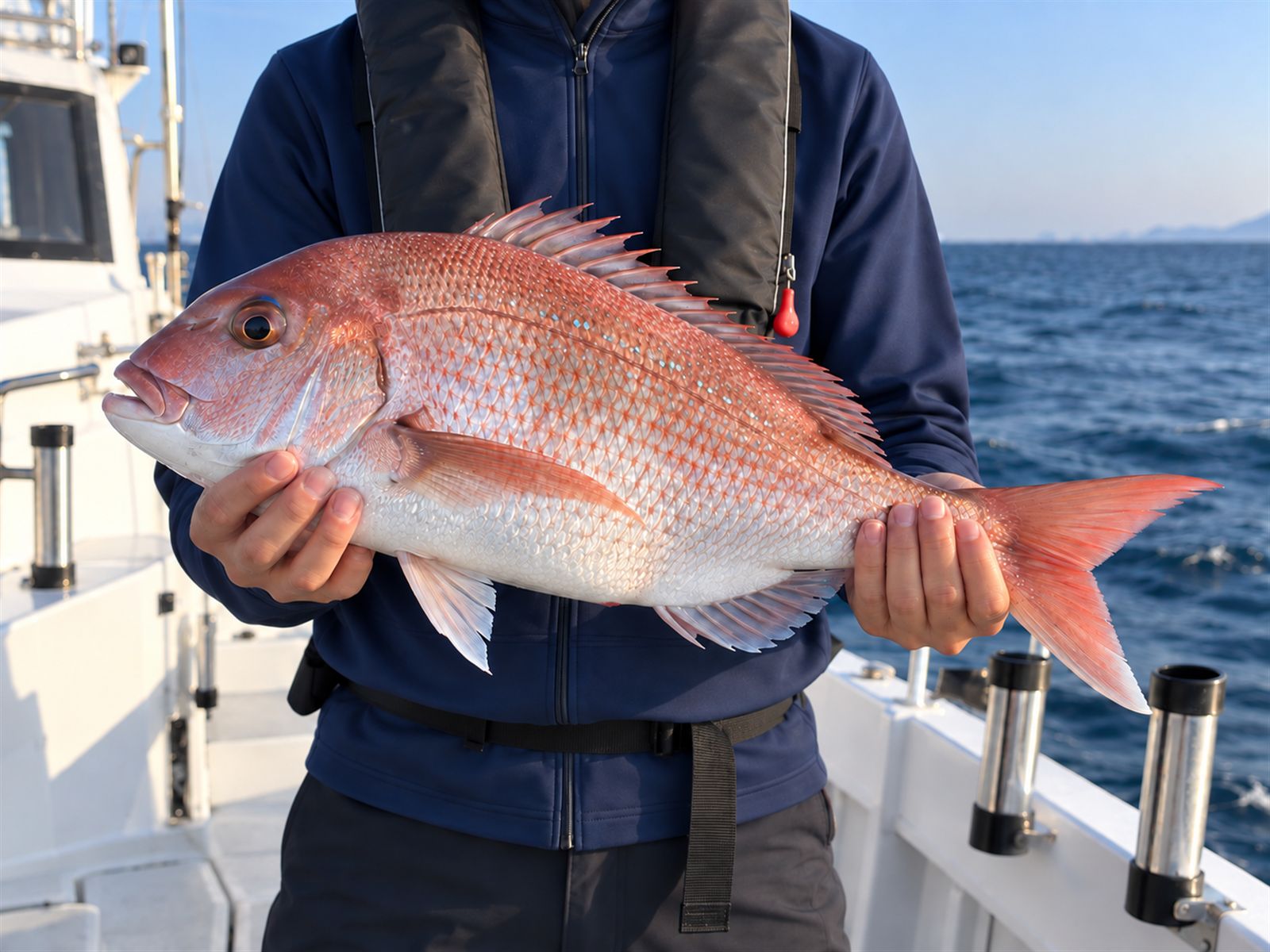 ライフジャケットを着た釣り人が、両手で大きな真鯛を持っている